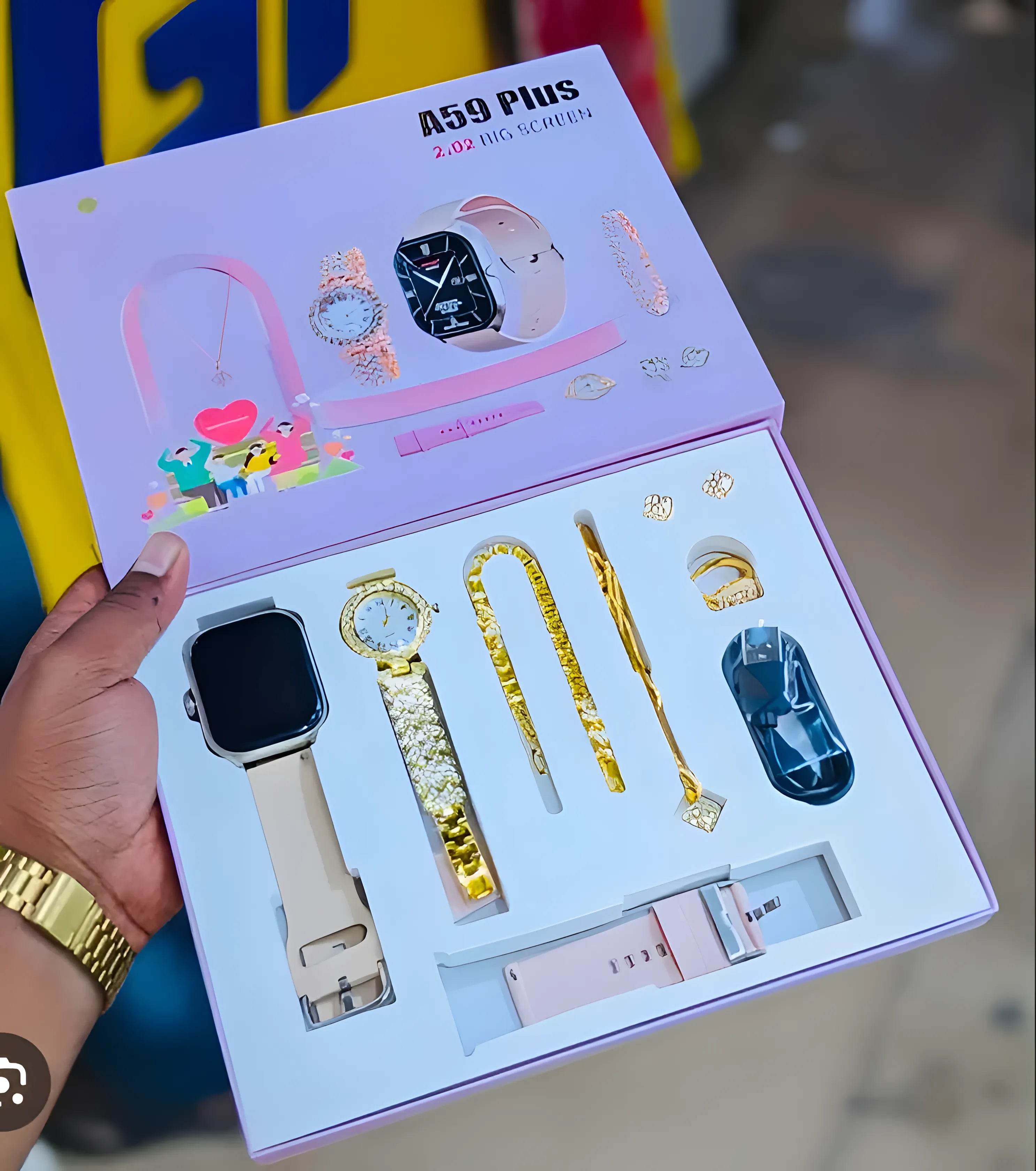 A59 Plus smartwatch and jewelry gift set in luxury packaging