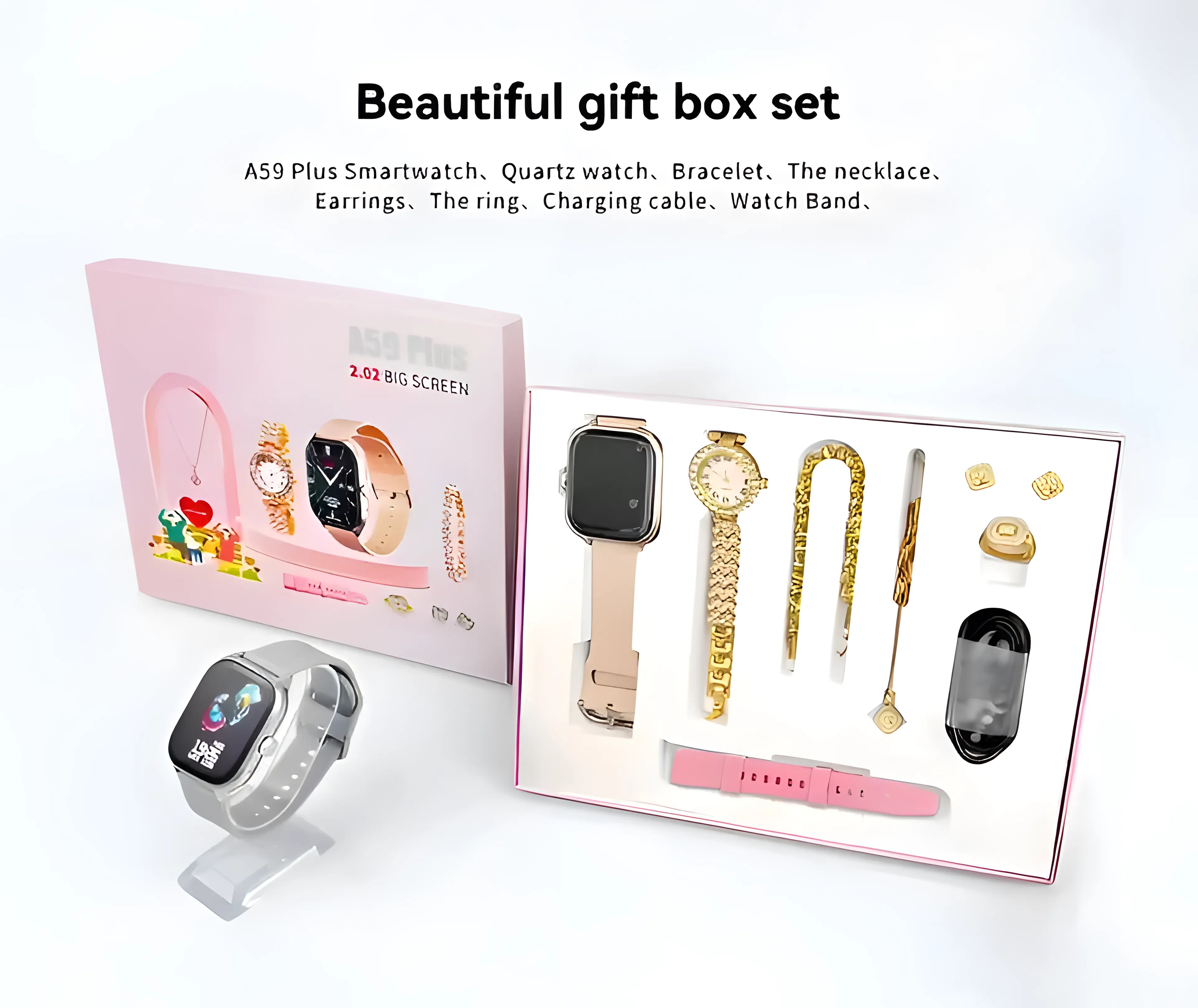 A59 Plus smartwatch and jewelry gift set in luxury packaging